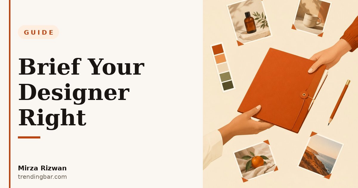 Warm cream and burnt-orange cover card reading 'Brief Your Designer Right' — hero for a guide on how to brief an Amazon listing image designer