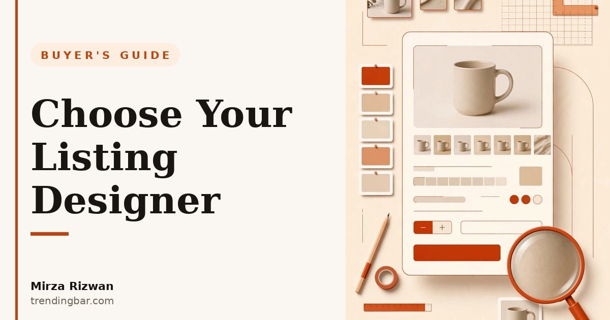 Flat-lay illustration of Amazon listing design tools in warm cream and burnt orange — product page mockup, magnifying glass, color swatches and measuring tools — hero for a buyer's guide on choosing an Amazon listing designer