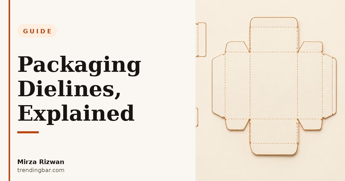 A flat packaging dieline template showing cut lines, crease lines, bleed, and glue areas for a folding carton