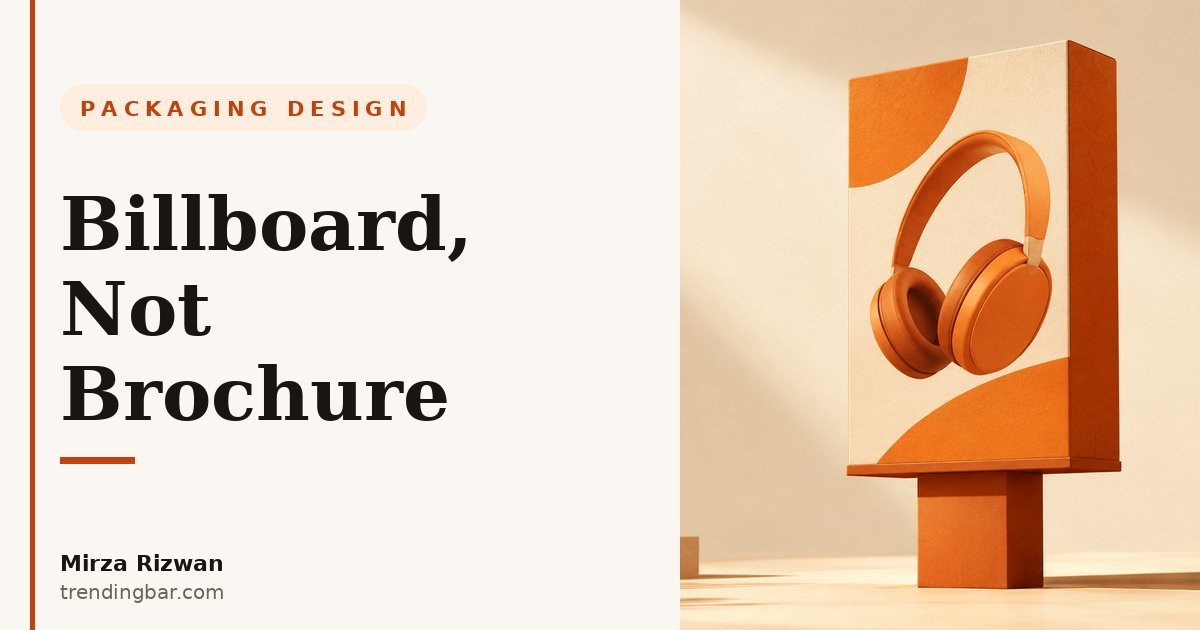 Warm orange 3D product box with a headphone illustration, standing like a billboard — hero image for a packaging design opinion piece