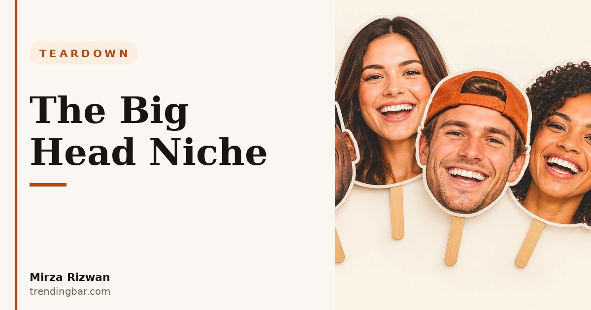 Branded blog hero card for a teardown of big head cutout Amazon listings, warm cream and burnt-orange design