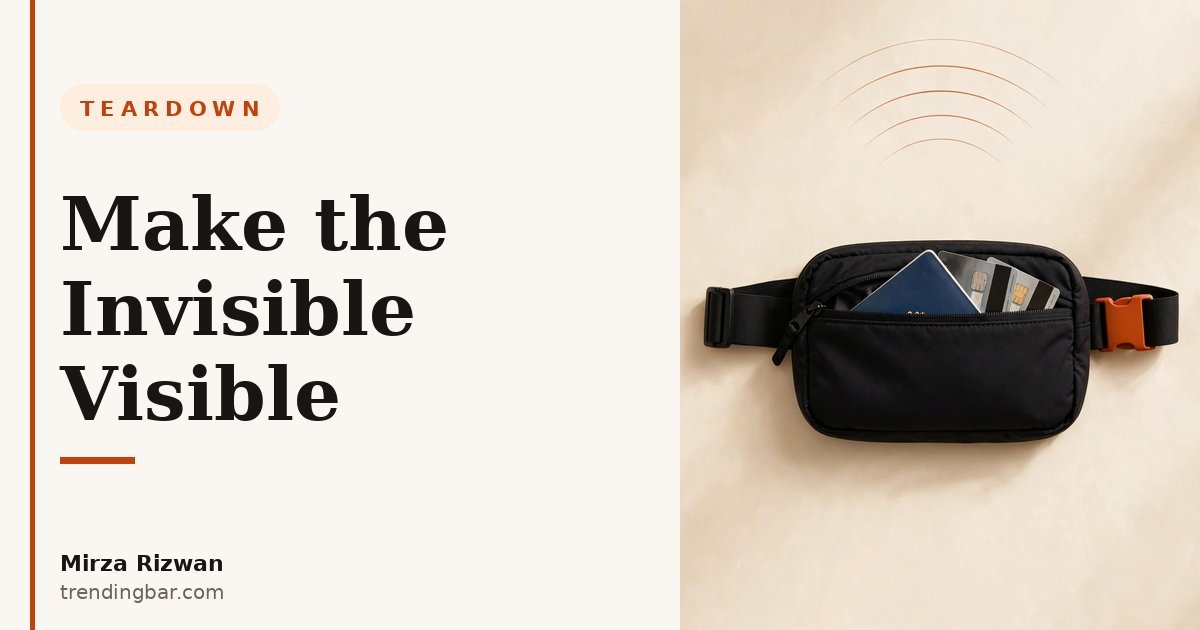Illustration of a travel money belt with a cutaway showing its inner protective layers and signal waves being blocked — hero for a teardown on RFID money belt listing conversion lessons