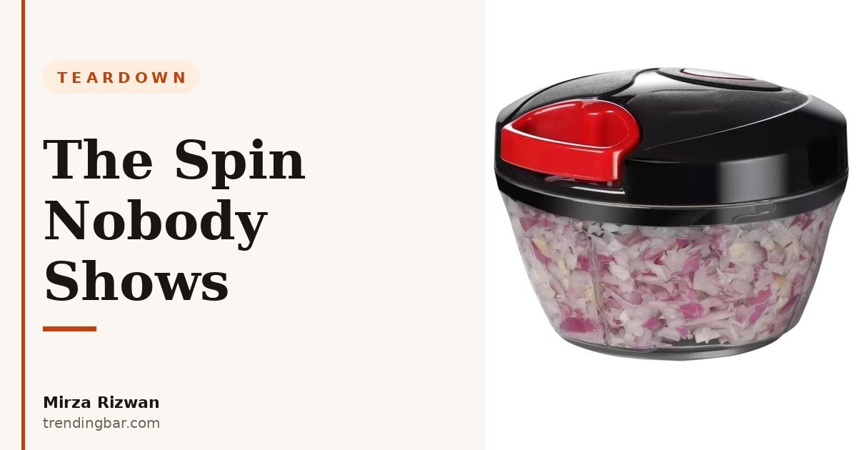 Product photo of a manual pull food chopper on white background, used as the hero for a kitchen gadget listing teardown