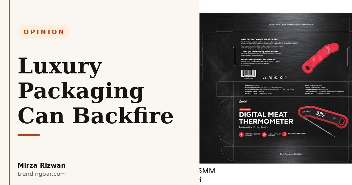 Printed retail carton for a digital meat thermometer — hero for an opinion post on why luxury packaging hurts budget brands